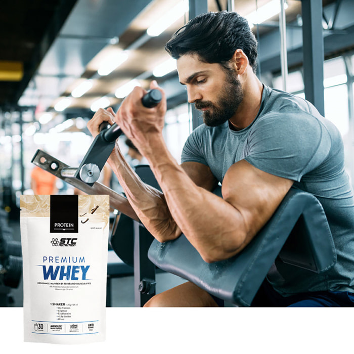 STC NUTRITION - Premium Whey - Protéines Natives Lactosérum Hypocalorique - Développement Musculaire - Aminolise Brevetée 100% Digeste - Sans Colorant ni Gluten - 30 Shakers - 750g - Vanille