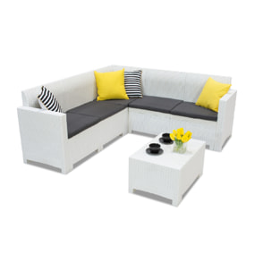 Set salotto da esterno Eris, Set da giardino con cuscini, Salottino indoor e outdoor effetto rattan, 100% Made in Italy, Bianco