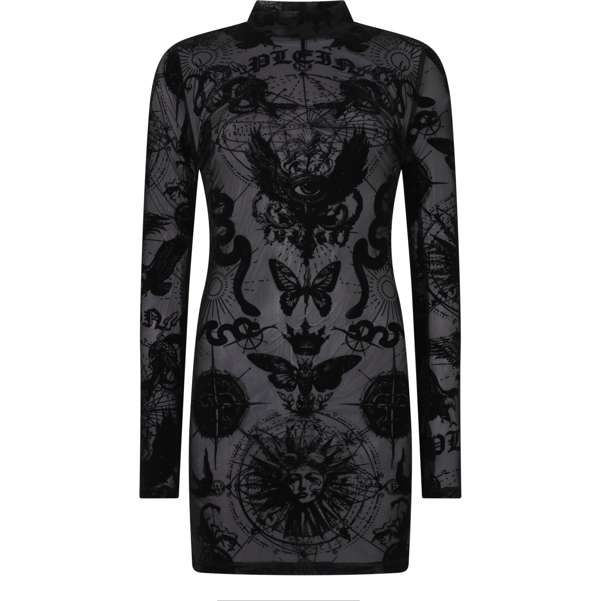 PHILIPP PLEIN Long Sleeve Mini Dress Flock Butterfly Tattoo