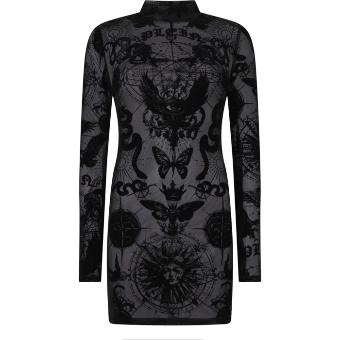 PHILIPP PLEIN Long Sleeve Mini Dress Flock Butterfly Tattoo