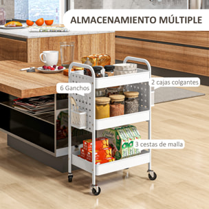 Carrito Auxiliar con Ruedas de Acero Carrito de Almacenamiento con 3 Cestas 2 Cajas Colgantes y 6 Ganchos para Salón Cocina Baño 53,5x30,5x75 cm Blanco