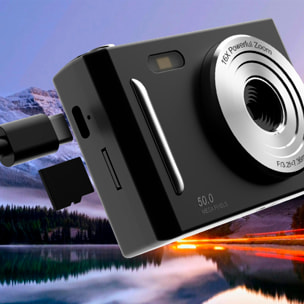 Cámara infantil M26 de fotos y video con flash. 50 mpx y video FHD. Zoom digital 16x, cámara trasera para selfies, juegos incorporados.