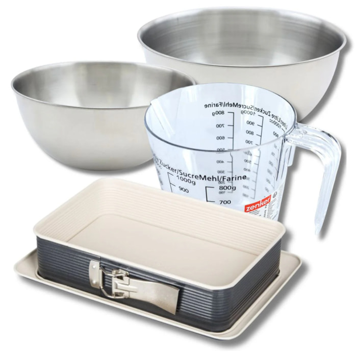 Set pâtisserie avec moule à charnière 28 x 18 cm, 2 bols à mixer, verre mesureur et spatule Zenker
