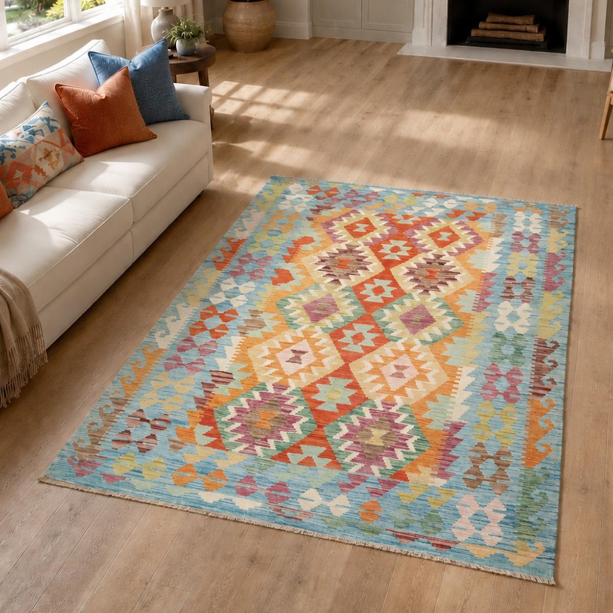 Tapis kilim ethnique, tissé plat en laine naturelle, RERUFE