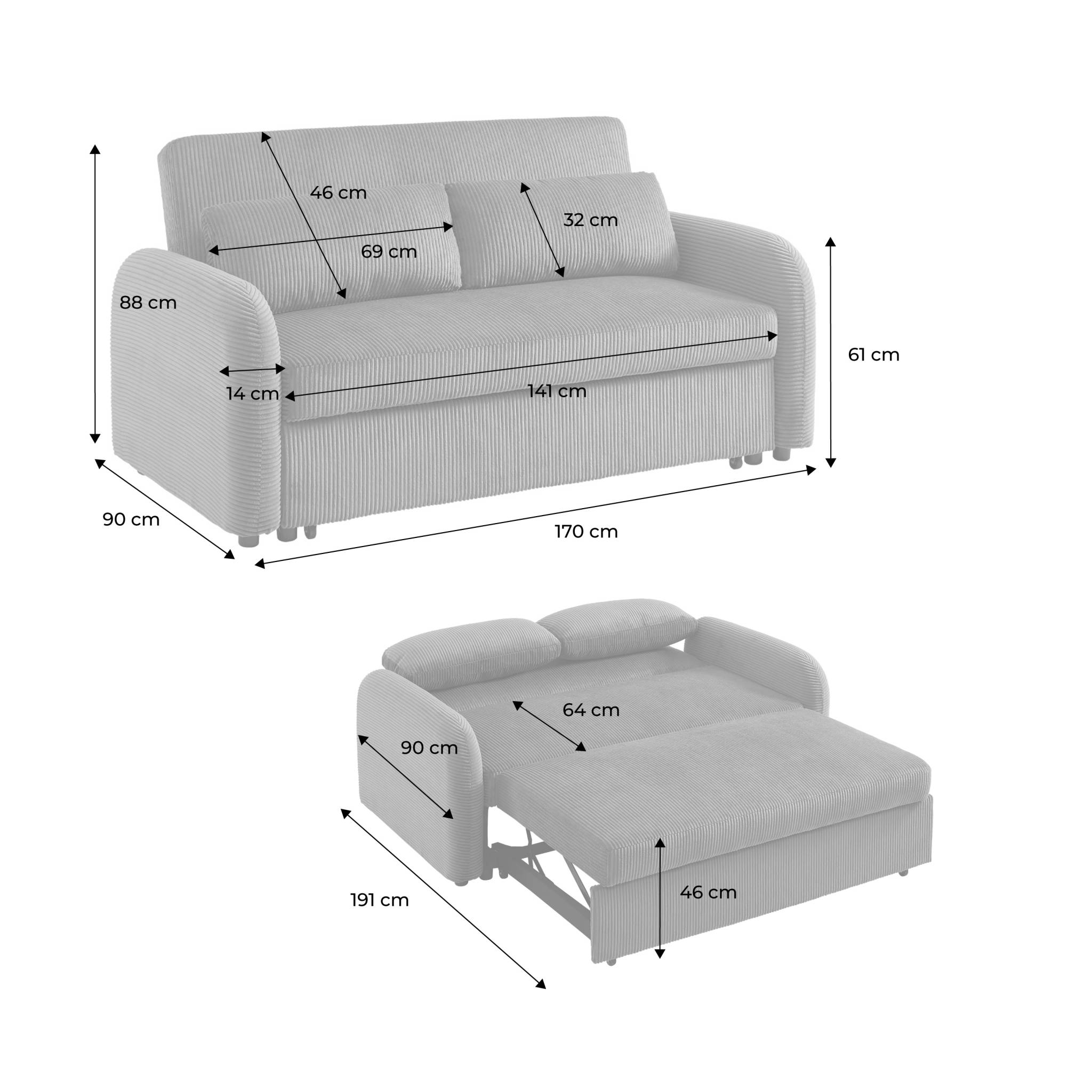Canapé convertible arrondi 2 places bouclette crème L 170 x P 90 x H 88cm - Lino