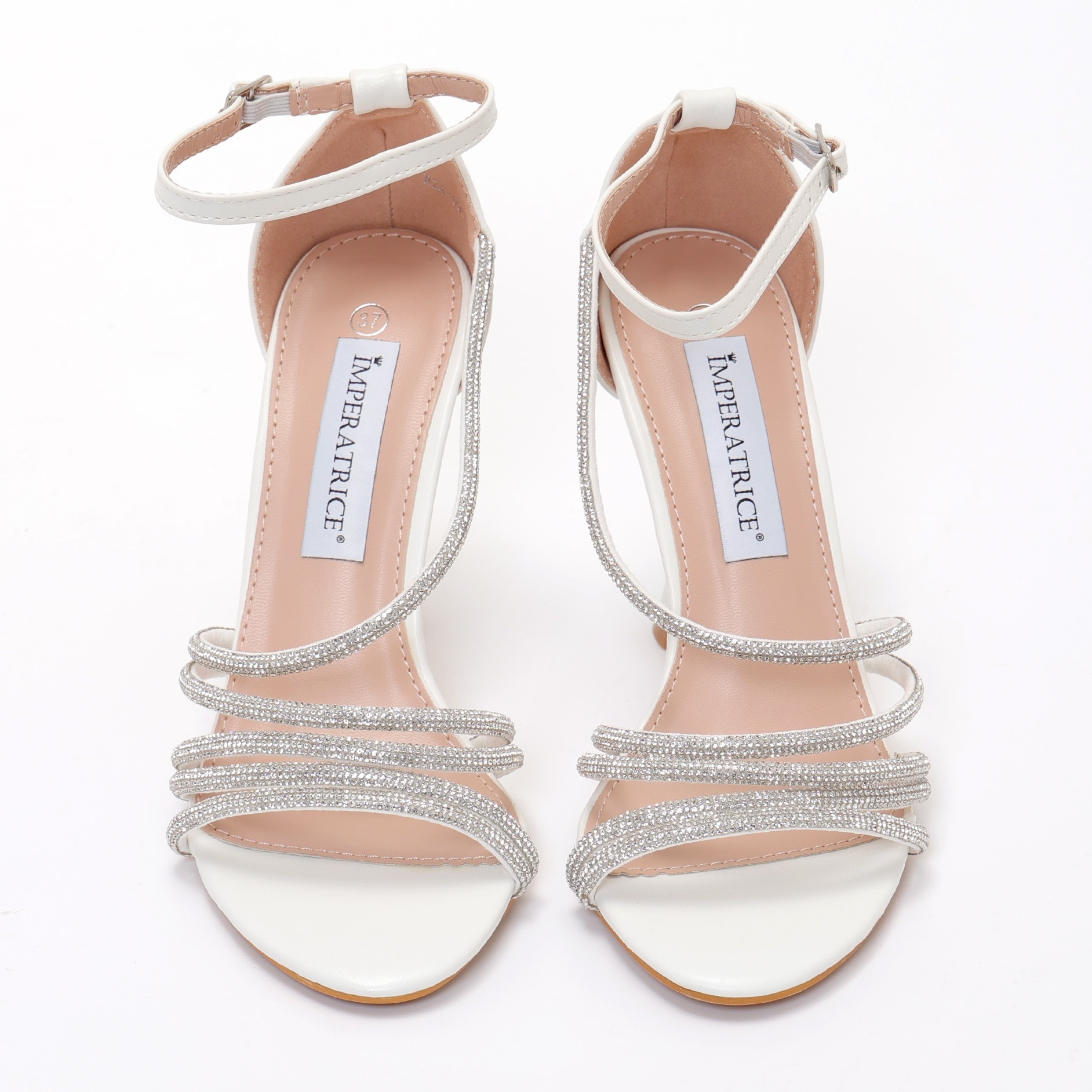 Sandali in simil pelle con tacco a rocchetto e fasce ricoperte di strass