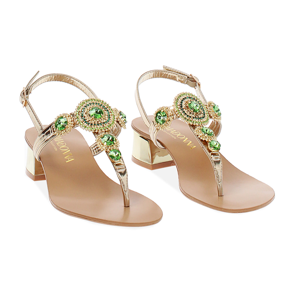 Sandalo con tacco basso donna oro-verde