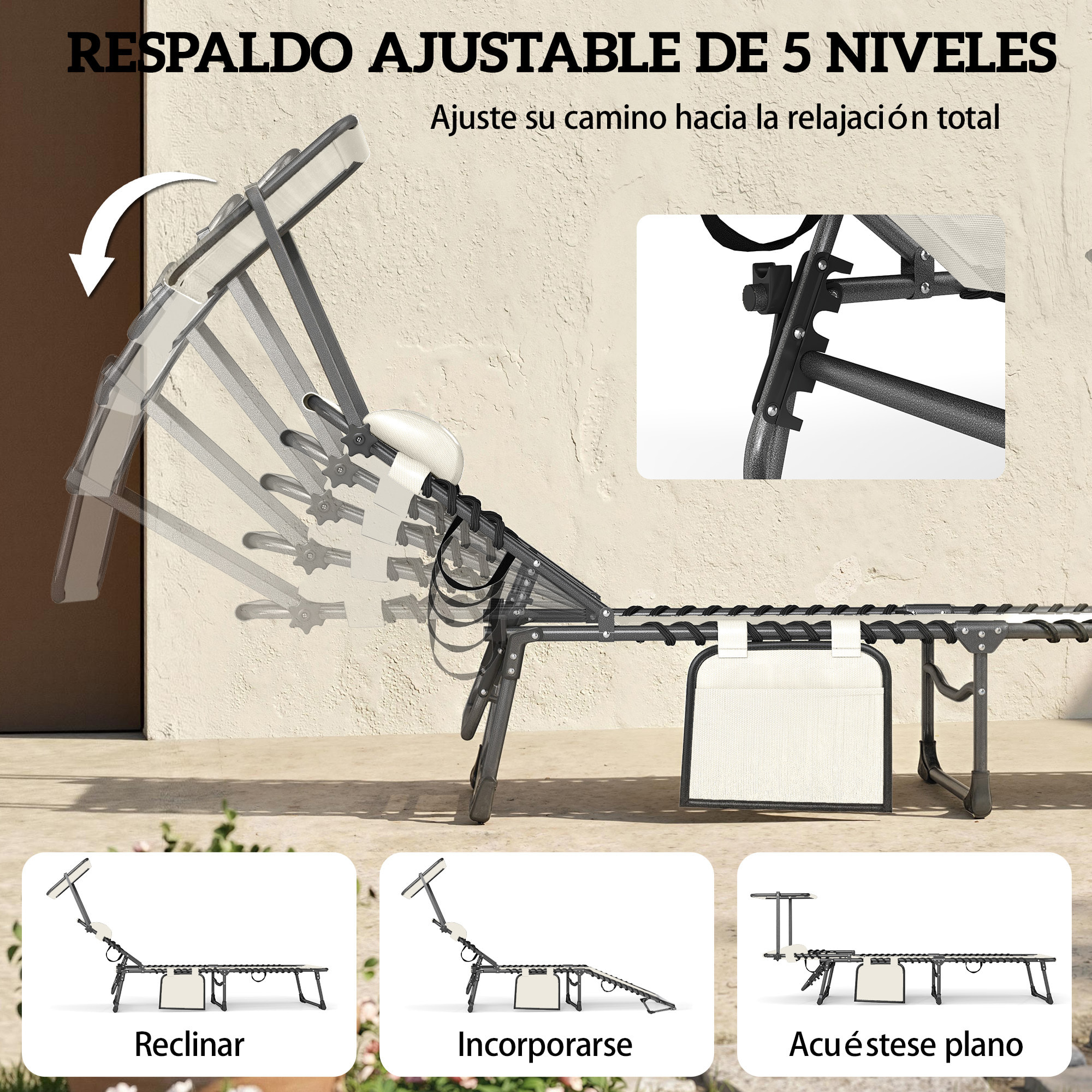 Set de 2 Tumbonas Jardín Exterior, Tumbonas Plegables con Reposacabezas, Parasol y Bolsillo Lateral, Respaldo Reclinable 5 Posiciones y Asiento Malla Transpirable para Playa, Piscina, Crema