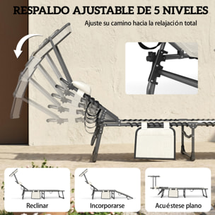 Set de 2 Tumbonas Jardín Exterior, Tumbonas Plegables con Reposacabezas, Parasol y Bolsillo Lateral, Respaldo Reclinable 5 Posiciones y Asiento Malla Transpirable para Playa, Piscina, Crema