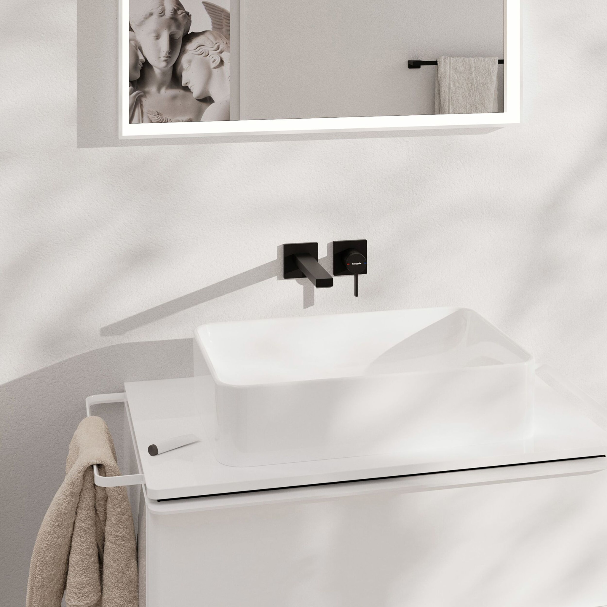 Mitigeur lavabo mural Tecturis E mural bec 22.5cm écoulement libre, Noir mat