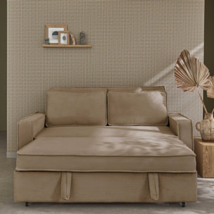Canapé convertible 3 places blanc beige velours côtelé. banquette. lit