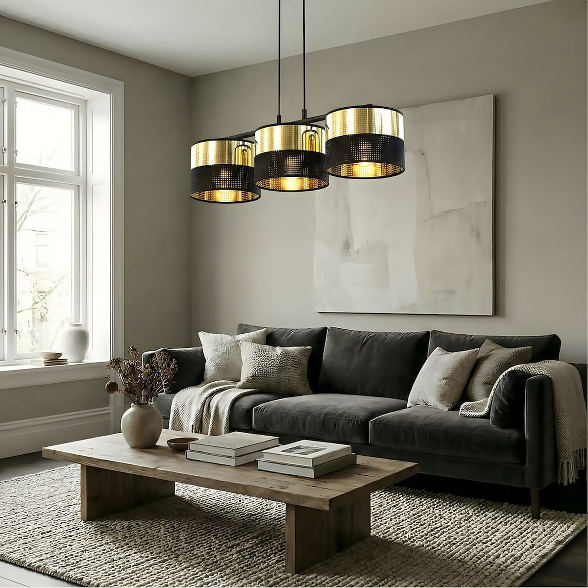 Lampada a sospensione Lux in acciaio nero e oro