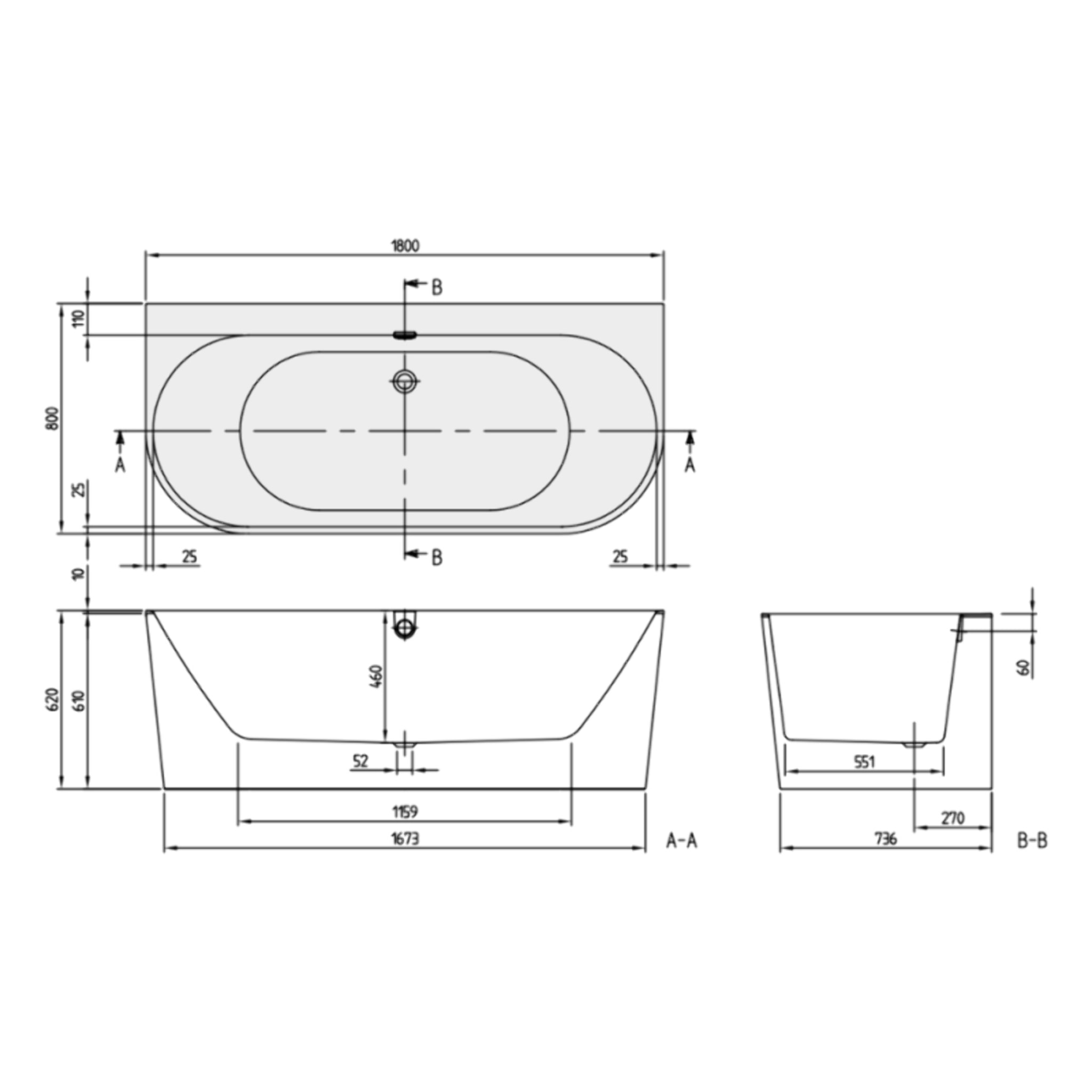 Baignoire îlot 180 x 80 VILLEROY & BOCH Oberon 2.0 blanc mat