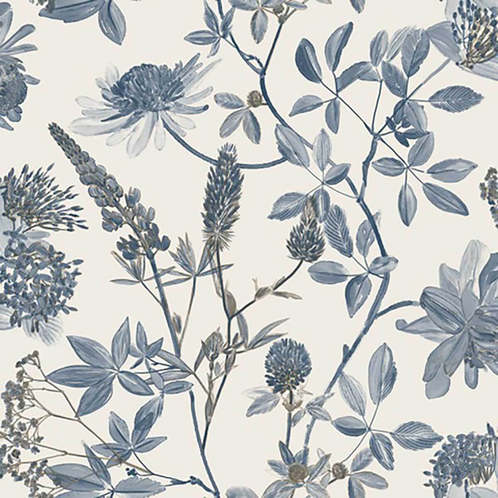 Papier peint floral botanique bleu indigo fond blanc