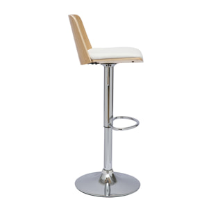 Tabouret de bar réglable blanc, bois clair et pied chromé DOA