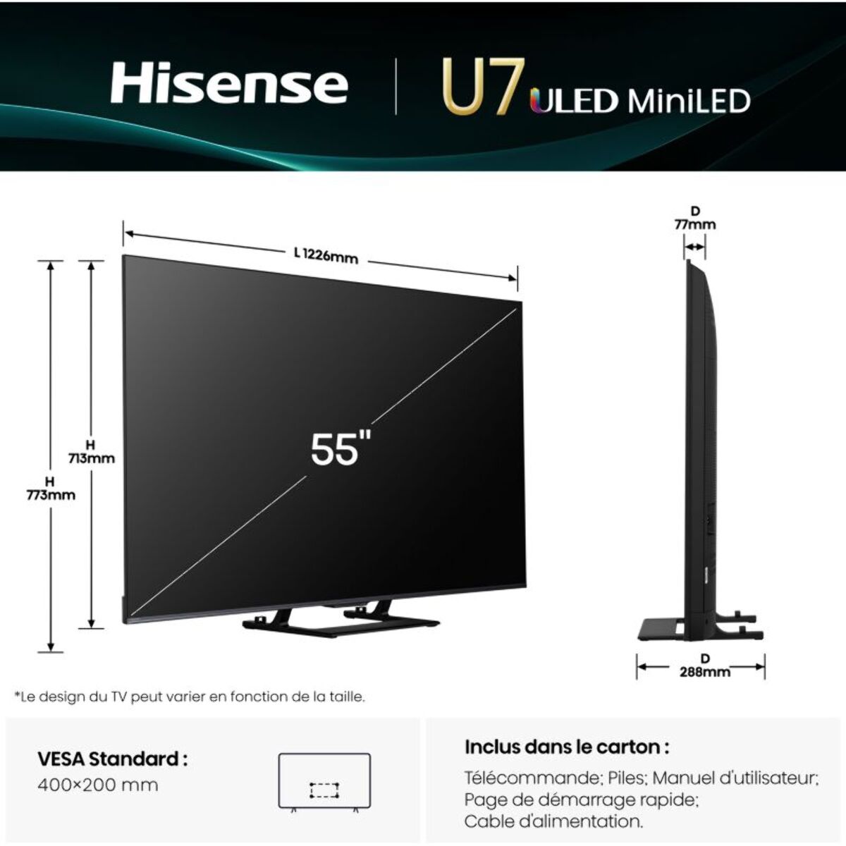 TV Mini Led HISENSE 55U7Q 2025 - 55 pouces ( 139 cm )
