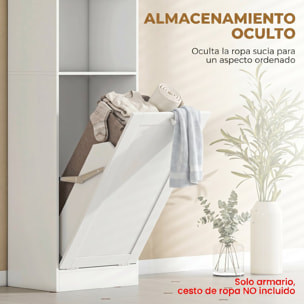 Armario Alto de Baño con Cesto Ropa Sucia, Mueble de Baño Estrecho con Compartimentos Abiertos y Estantes Ajustables, para Espacios Pequeños, 40x30x170 cm, Blanco