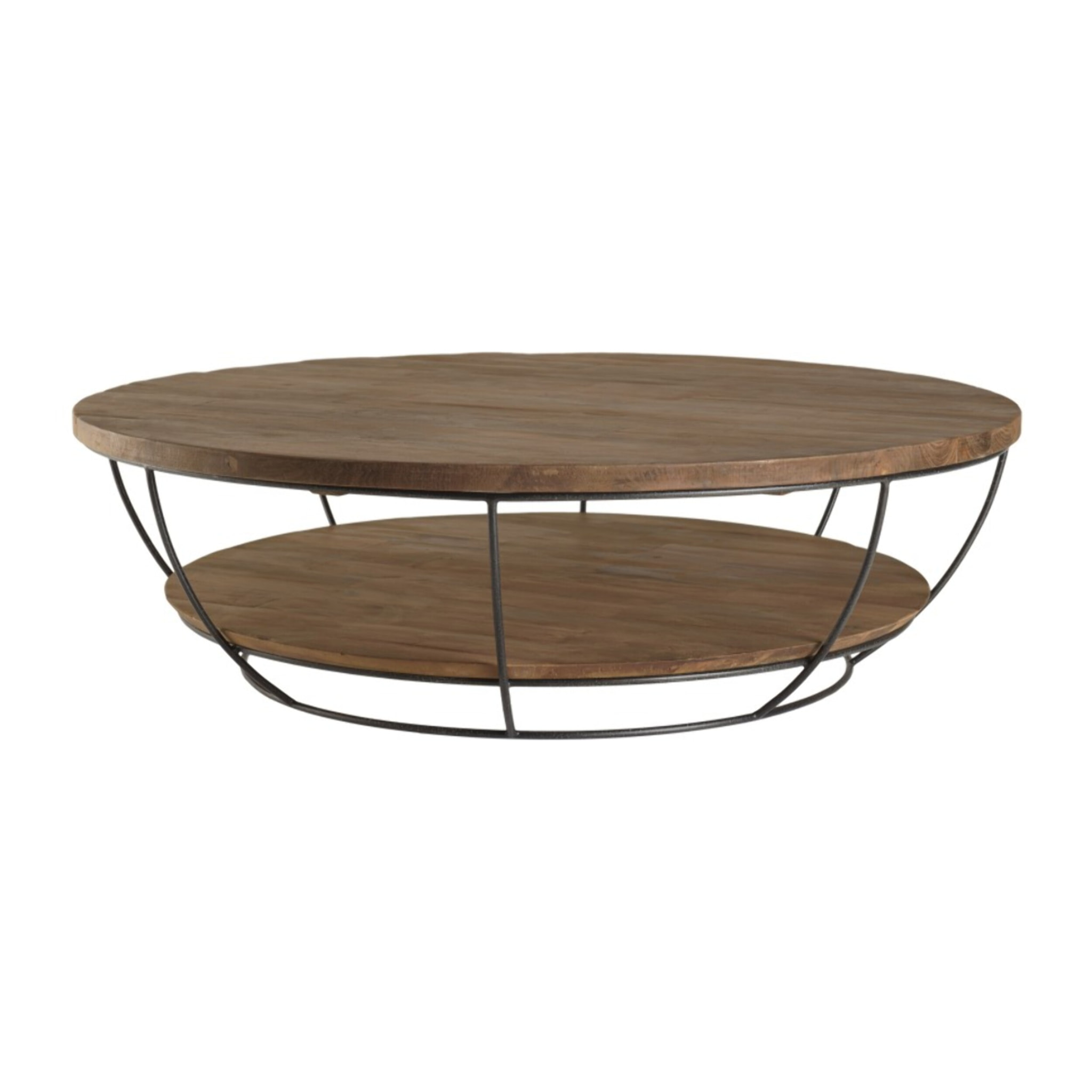 SIXTINE - Table basse coque ronde 120x120cm double plateau Teck recyclé métal noir