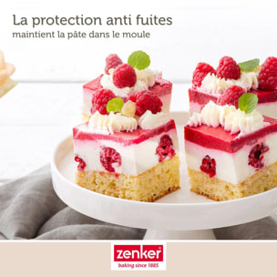 Set à pâtisserie avec 1 Moule à gâteaux rectangulaire à charnière, 1 spatule Zenker et 2 bols à mixer en inox Fackelmann