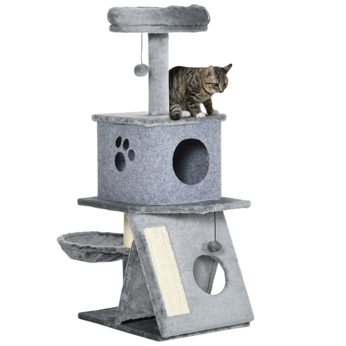 Árbol Rascador para Gatos Altura 111 cm con Cama Cueva Hamaca Bola Colgante Gris