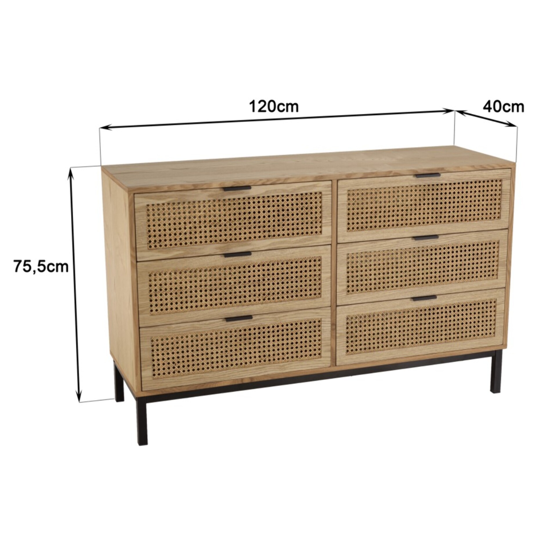 MARCEAU - Commode 6 tiroirs cannage naturel pieds métal noir
