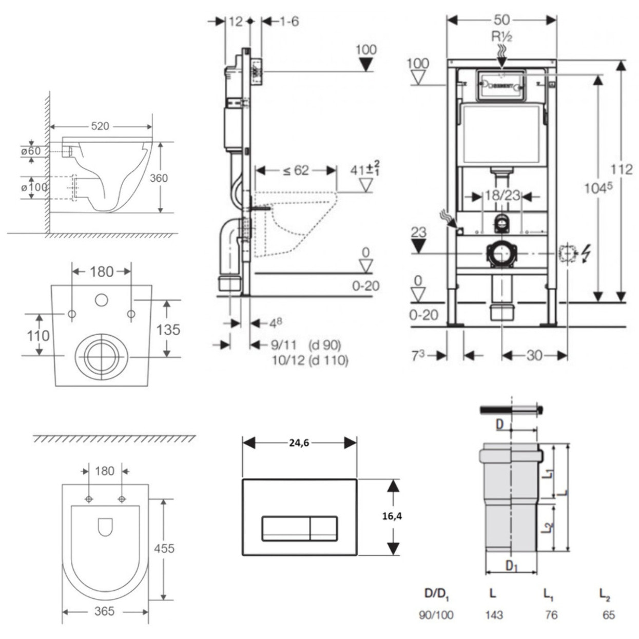 Pack bati-support Geberit + WC sans bride Swiss Aqua Technologies + Abattant SoftClose + Plaque noir mat (FusionTQGeb10)