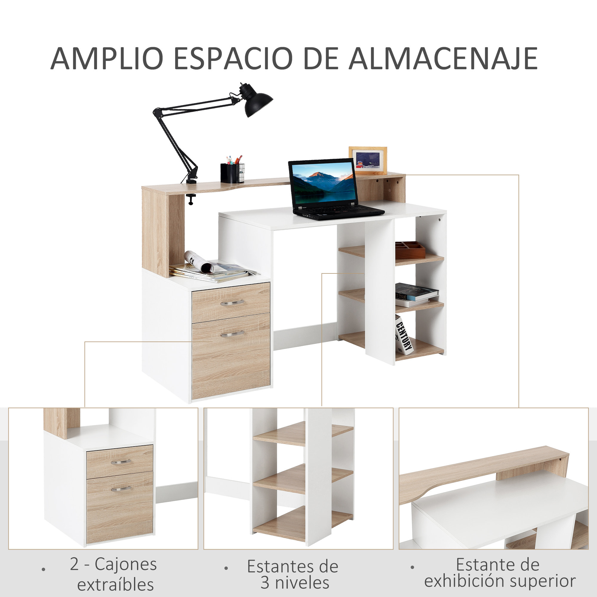 Mesa de Ordenador PC 137x55x92cm Despacho Escritorio Oficina Escuela Estantería