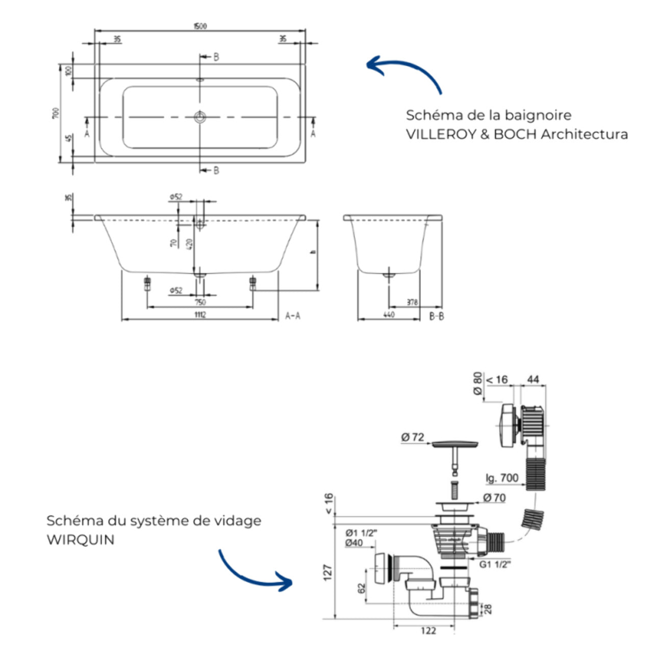 Baignoire droite 150 x 70 VILLEROY & BOCH Architectura + Vidage de baignoire WIRQUIN doré