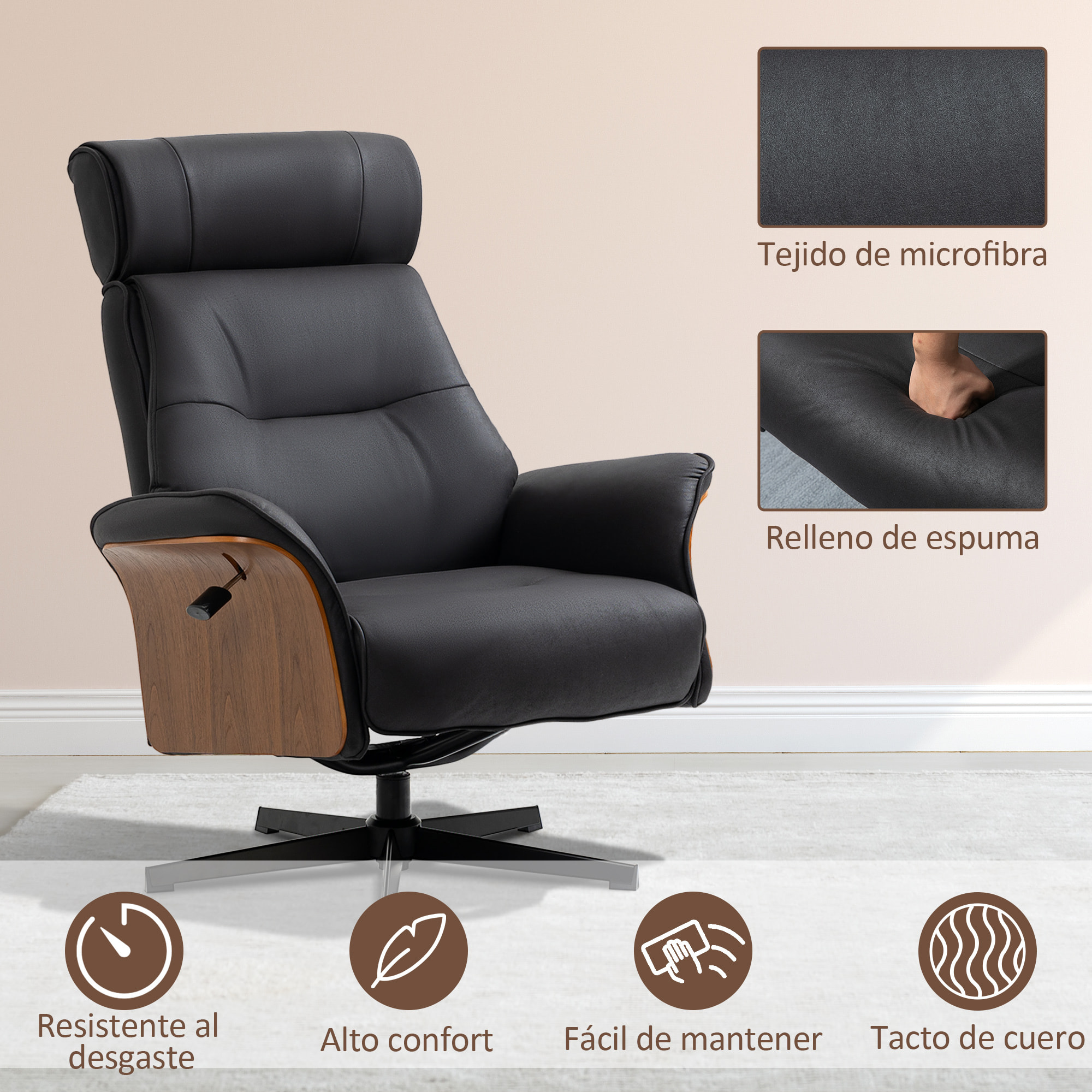 HOMCOM Sillón de Salón con Otomana Reposapiés Tapizado en Microfibra Sillón Relax Reclinable hasta 135° Giratorio 360° con Reposacabezas Ajustable para Salón Oficina 84x83x103 cm Negro