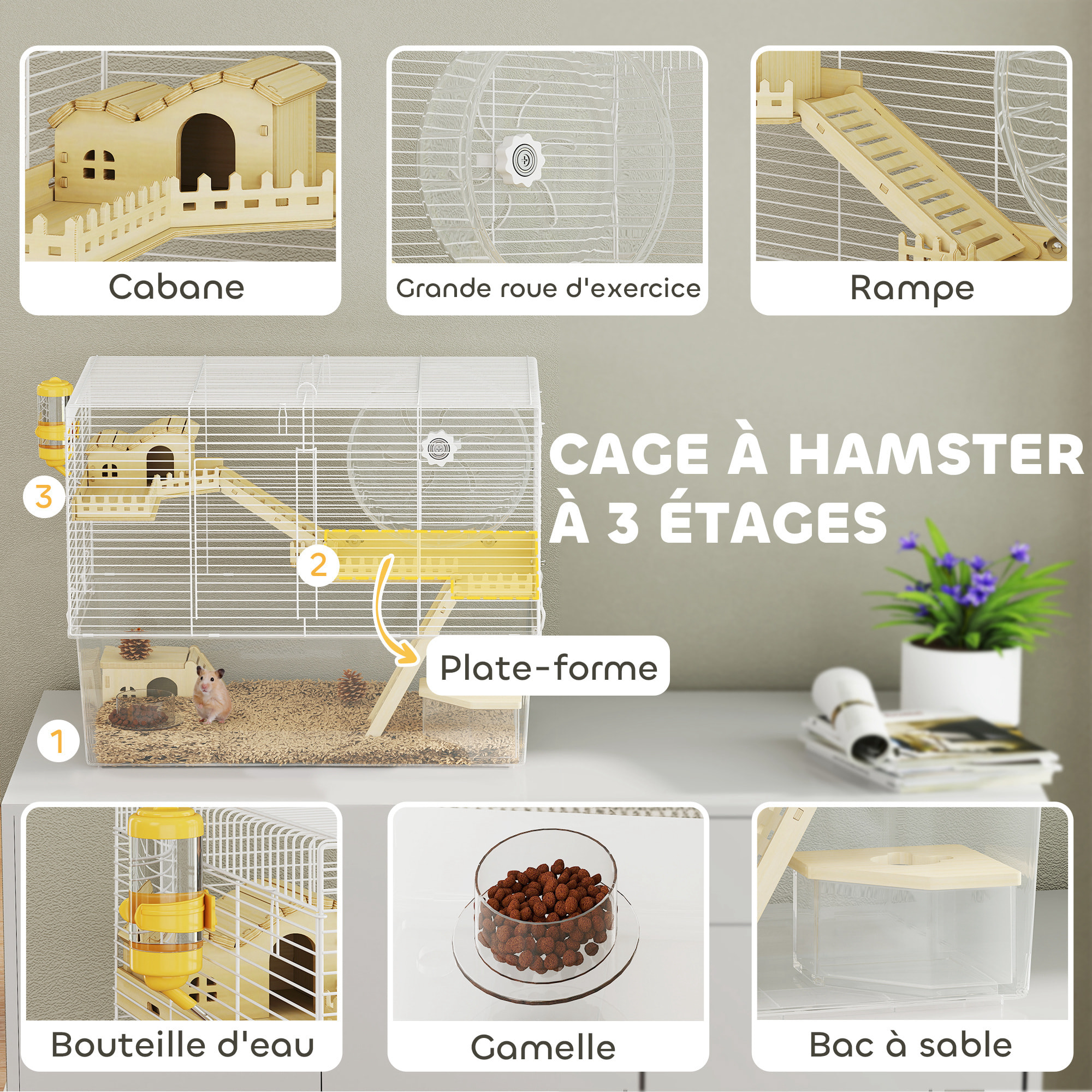Cage à hamster à 3 niveaux avec roue d'exercice, plateau, 59 x 35,5 x 47 cm, blanc