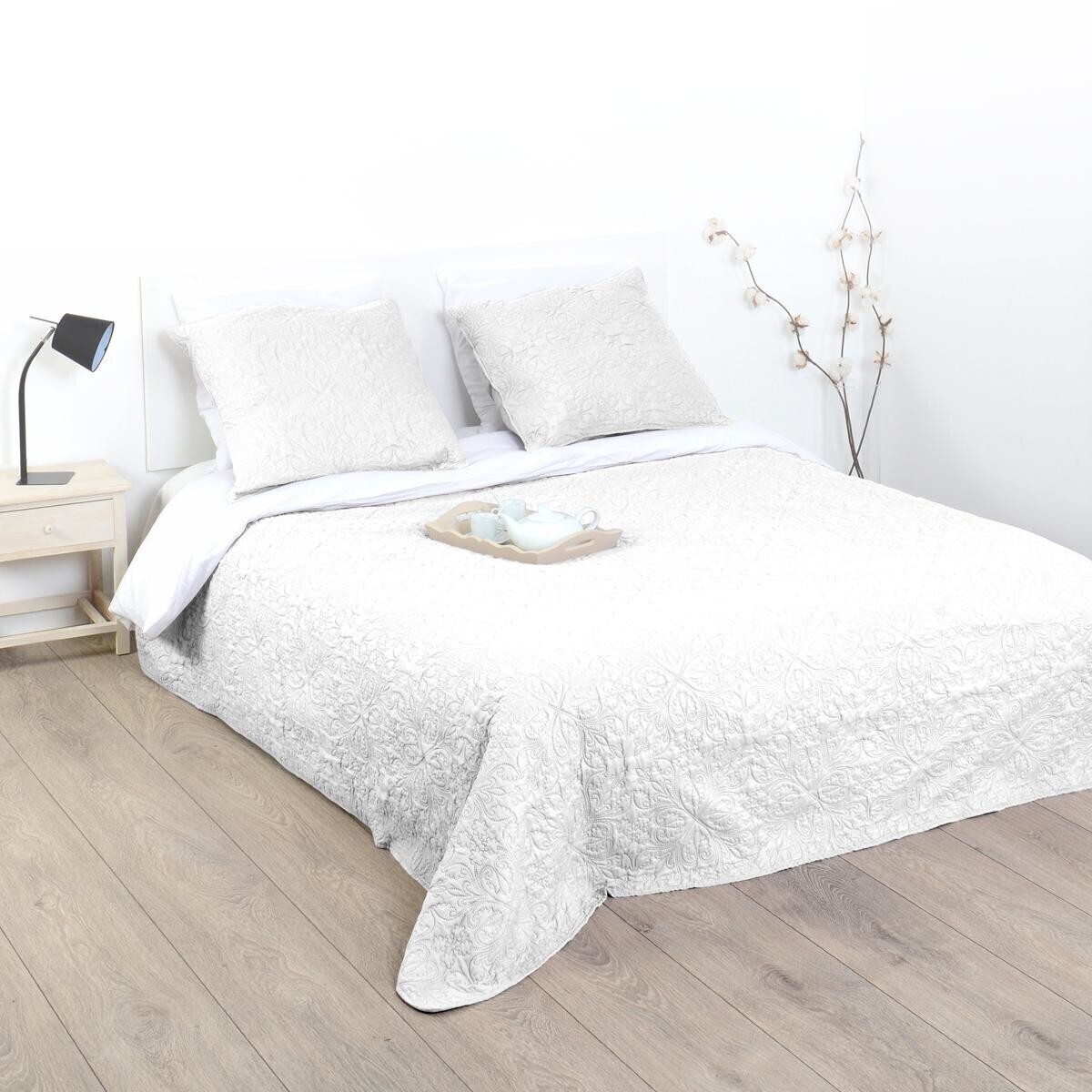 Dessus de lit 2 taies "Arabesque" blanc ivoire 260x240cm