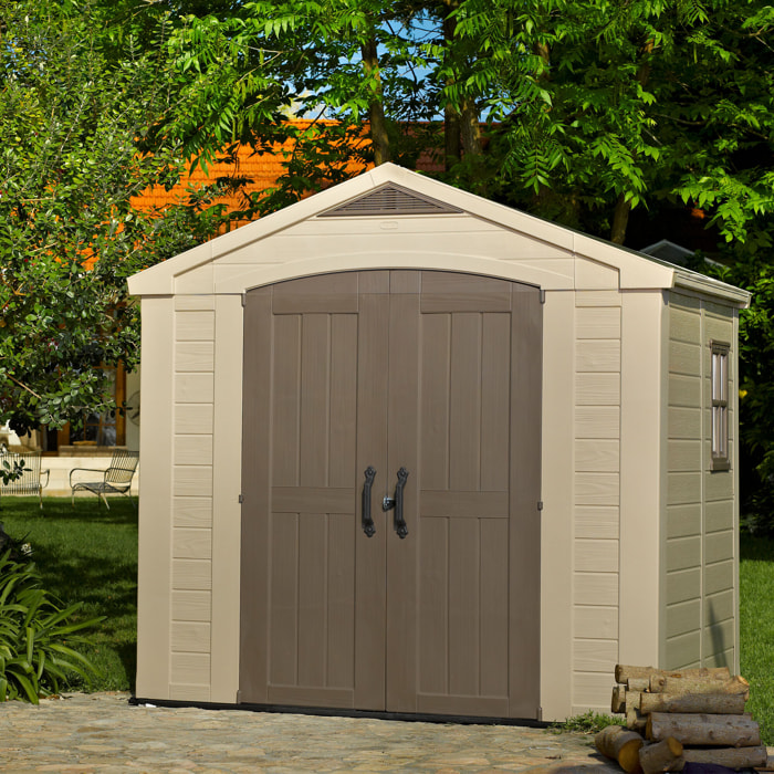 Factor 8x6 - Casetta da Giardino 256,50x243x182 cm 2 Ante per deposito attrezzi finitura effetto legno in Resina Beige
