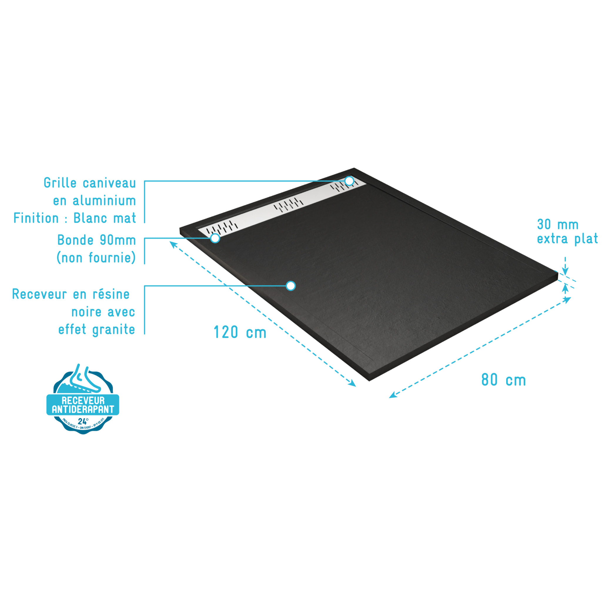 Receveur de douche en résine noir 80x120x3 cm effet pierre granit + grille linéaire blanche mate