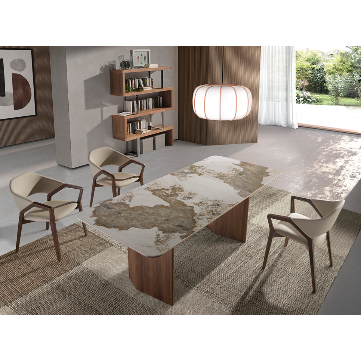 Mesa comedor rectangular con tapa fija de mármol porcelánico blanco con vetas en tonos tierra en acabado brillo 200x90x77cm