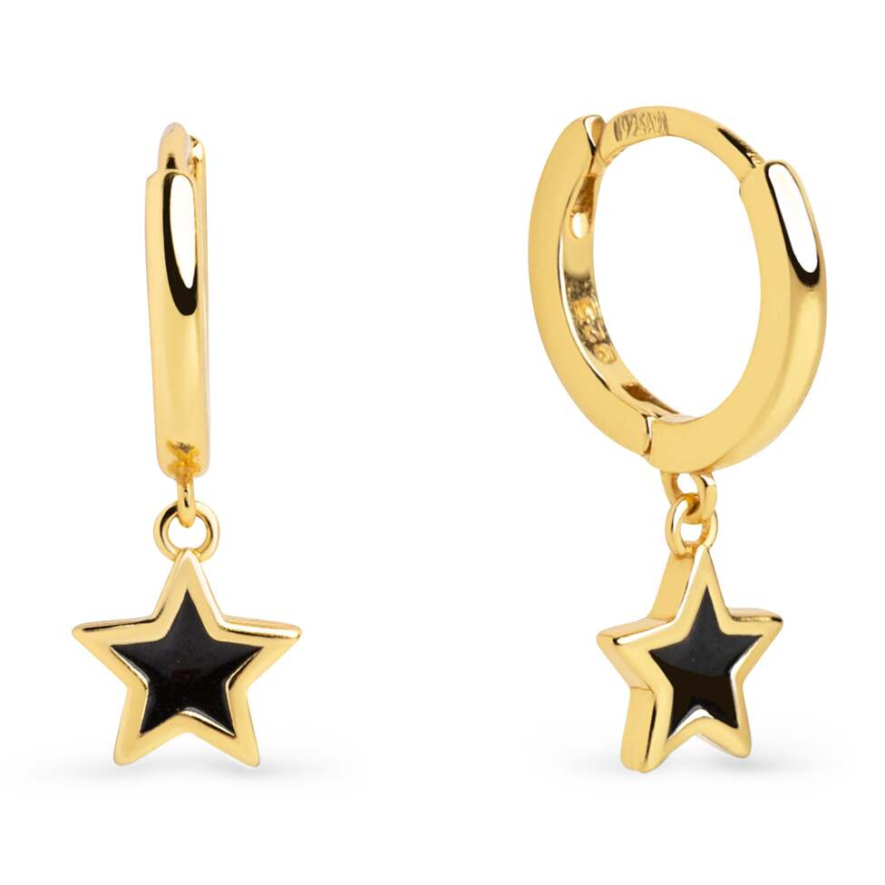 Pendientes Aro Star Black Enamel Plata Baño Oro