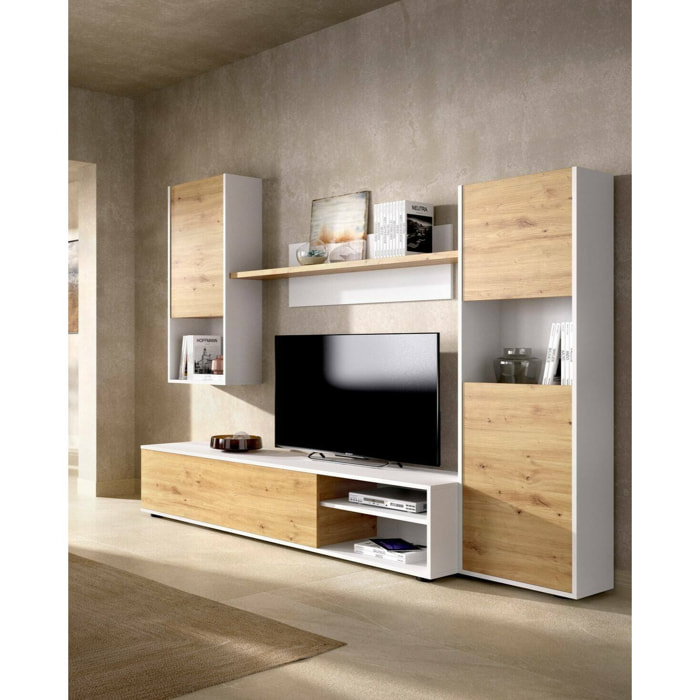 Parete attrezzata Artex, Set da soggiorno porta TV, Mobile salotto multiuso, 220x41h180 cm, Rovere Nodi e Bianco