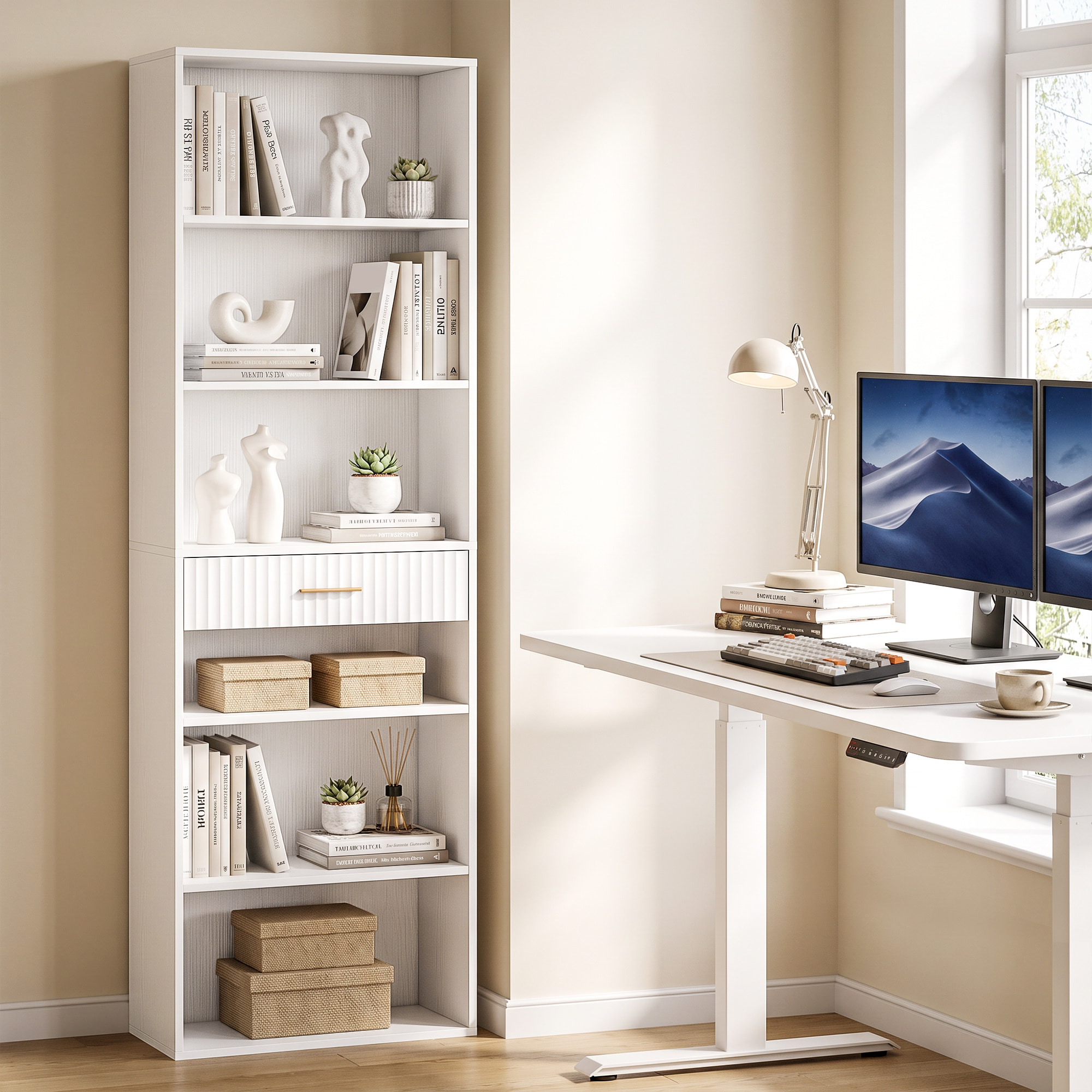 Estantería para Libros Alta y Estrecha, Librería de 7 Niveles con Cajón, 6 Compartimentos Abiertos, Armario para Salón, Estudio, Oficina, 60x24x182 cm, Blanco