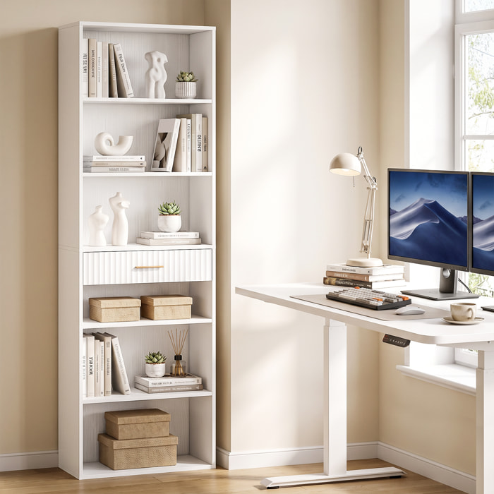 Estantería para Libros Alta y Estrecha, Librería de 7 Niveles con Cajón, 6 Compartimentos Abiertos, Armario para Salón, Estudio, Oficina, 60x24x182 cm, Blanco