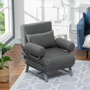 Fauteuil chauffeuse canapé-lit convertible inclinable 1 place grand confort coussin lombaires accoudoirs piètement métal lin gris foncé