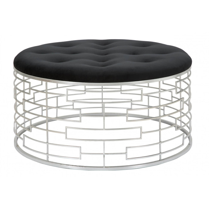 Pouf rotondo, struttura in metallo, rivestimento in velluto, colore argento, Misure 91,5 x 47 x 91,5 cm