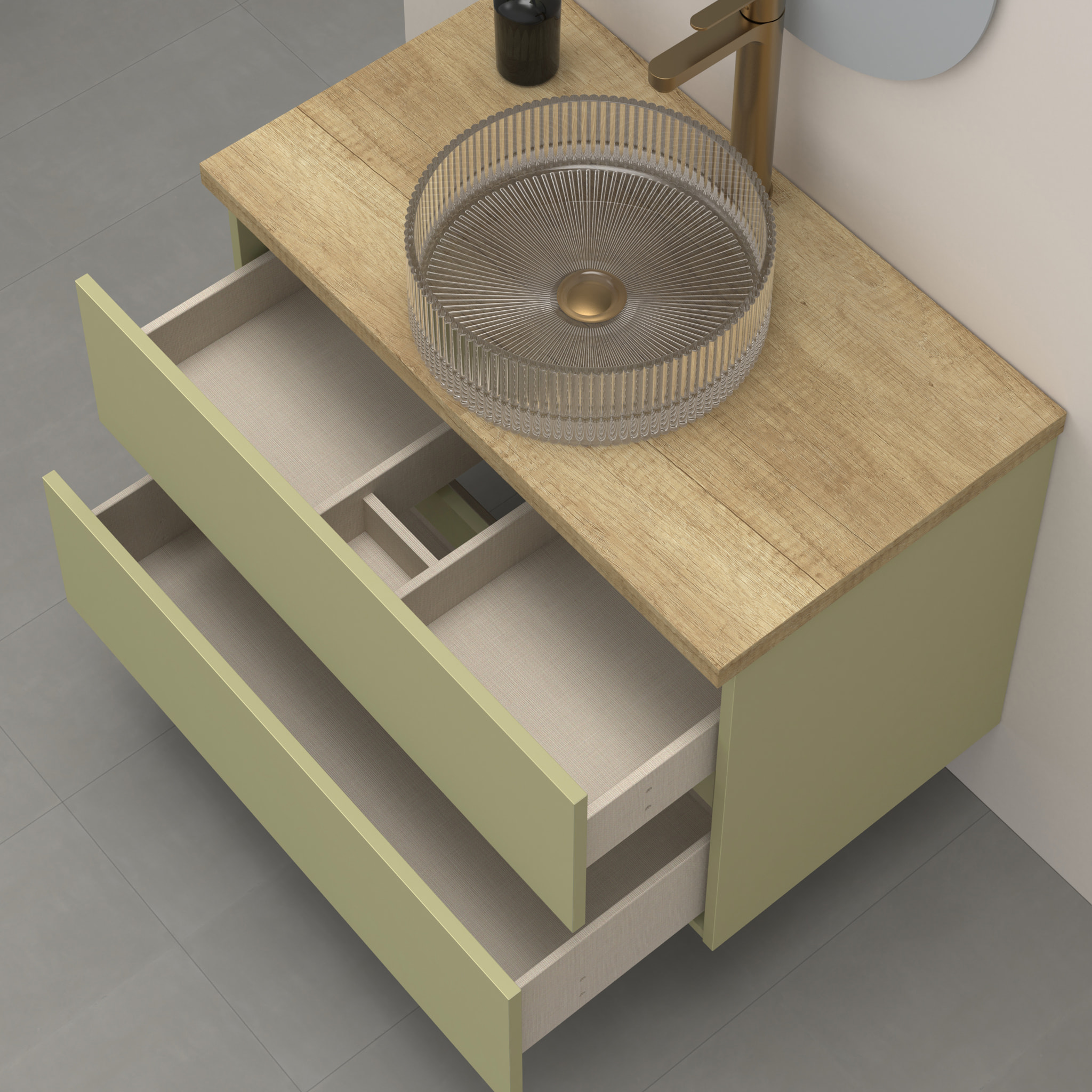 CONJUNTO DE BAÑO KUB | 80 CM VERDE CACTUS | DOS CAJONES | LAVABO DE CRISTAL | NO INCLUYE ESPEJO | MUEBLE MONTADO | ALDAY