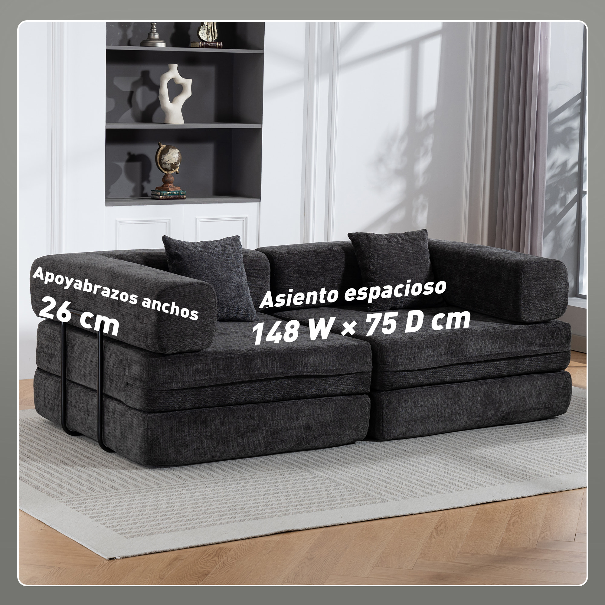 Sofá Cama de 2 Plazas Plegable, Sofá Cama, Tapizado en Chenilla, con 2 Almohadas, Reposabrazos Anchos, Acolchado Grueso, No Requiere Montaje, para Dormitorio, Salón, Gris Oscuro