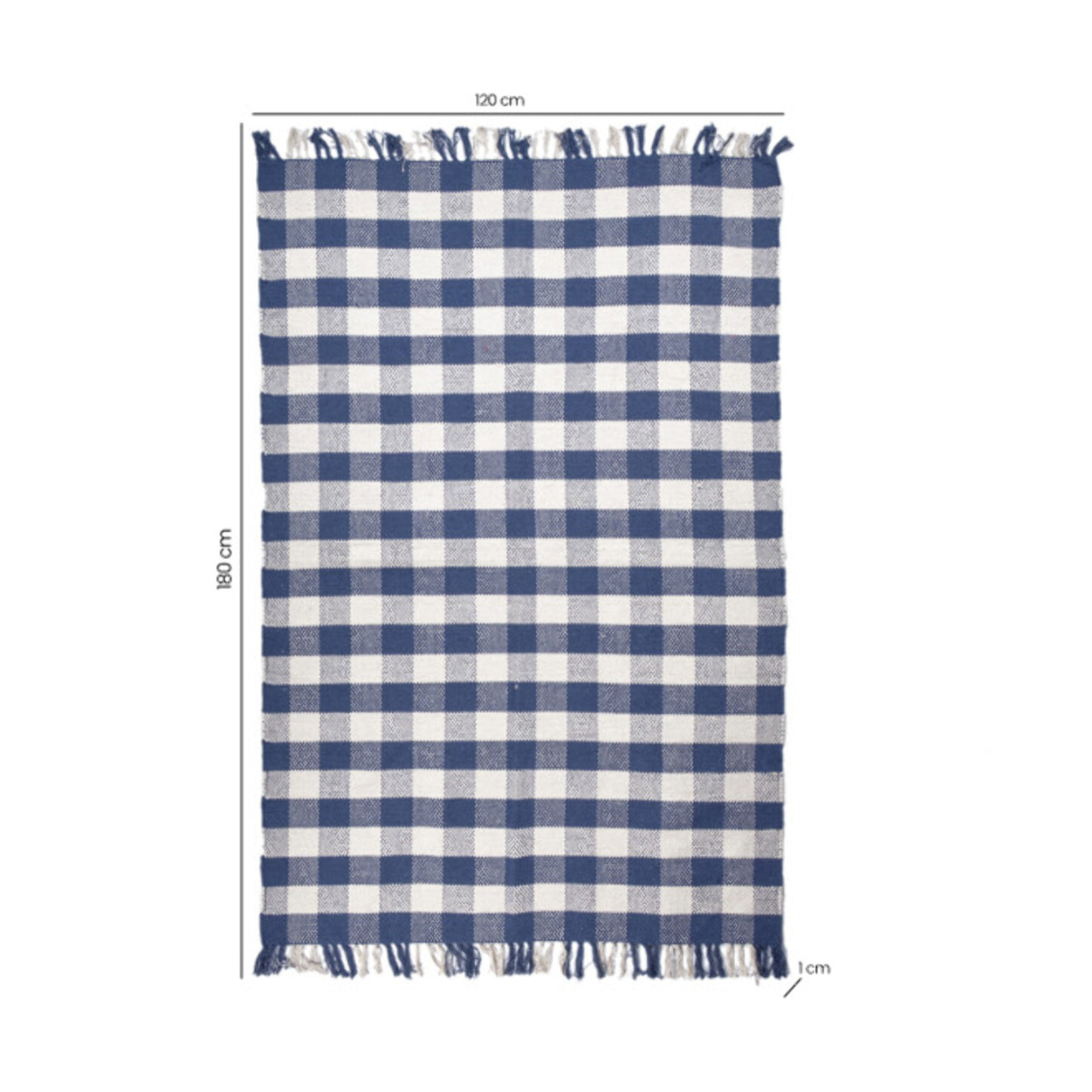 Tapis en coton avec carreaux bleu et blanc et franges - DENIM