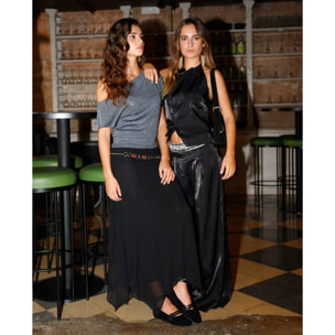 Falda midi en gasa con canesú y godets.