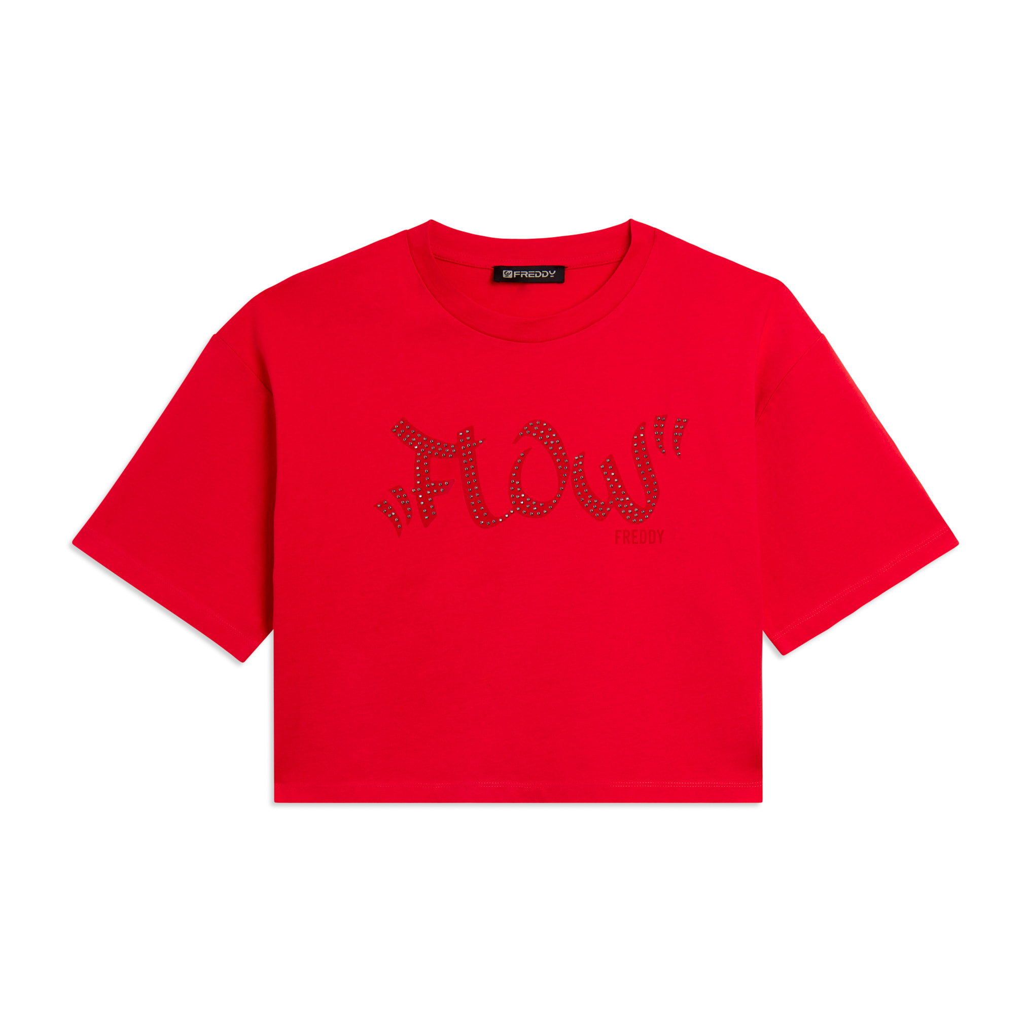 T-shirt Cropped con grafica "FLOW" e borchie