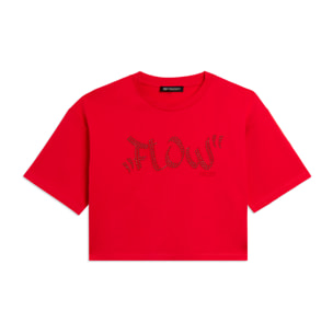 T-shirt Cropped con grafica "FLOW" e borchie