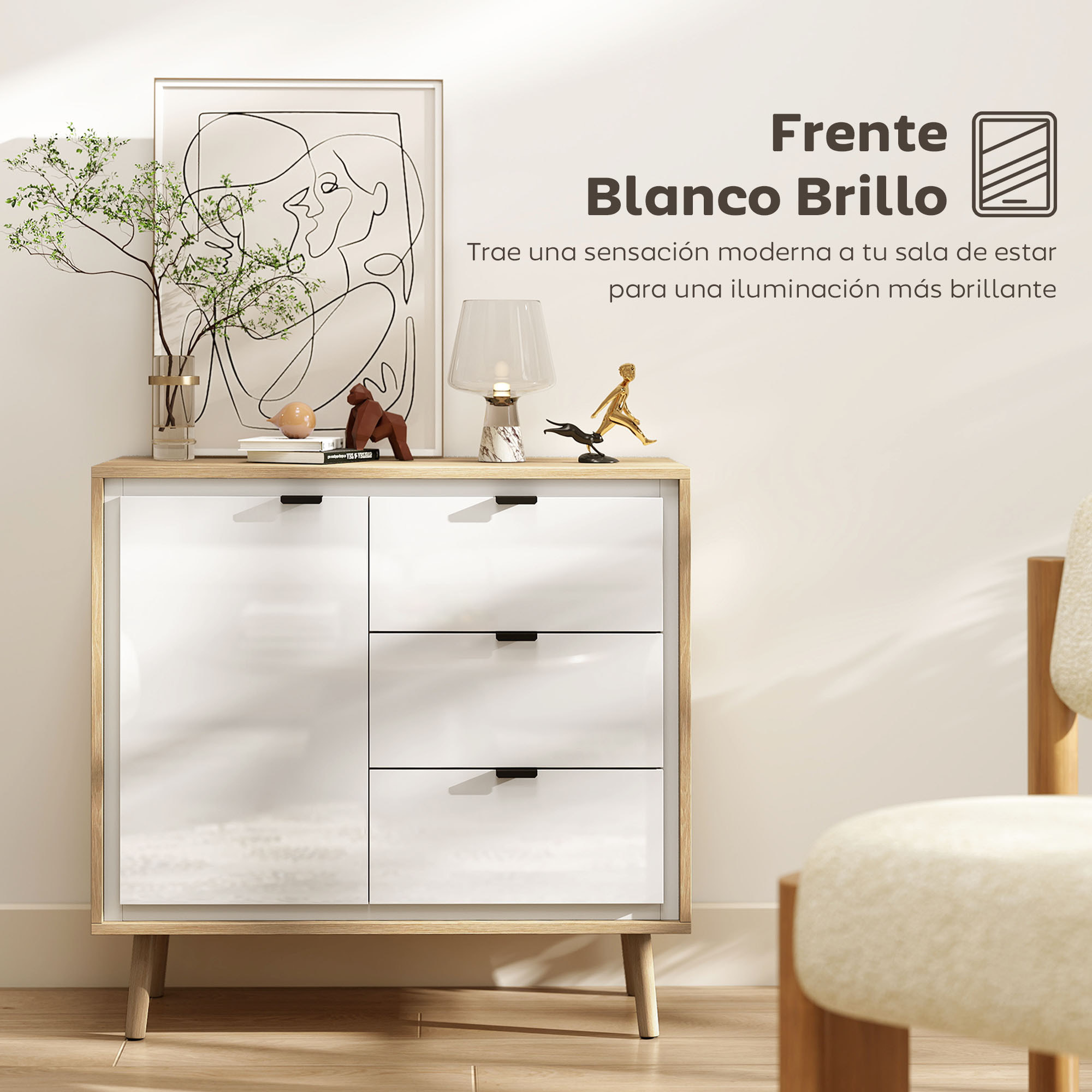 Aparador de 1 Puerta, Aparador de Salón Moderno con 3 Cajones, Estante Ajustable y Patas de Madera, para Cocina, Entrada, Dormitorio, 80x35x77 cm, Blanco Brillo y Roble