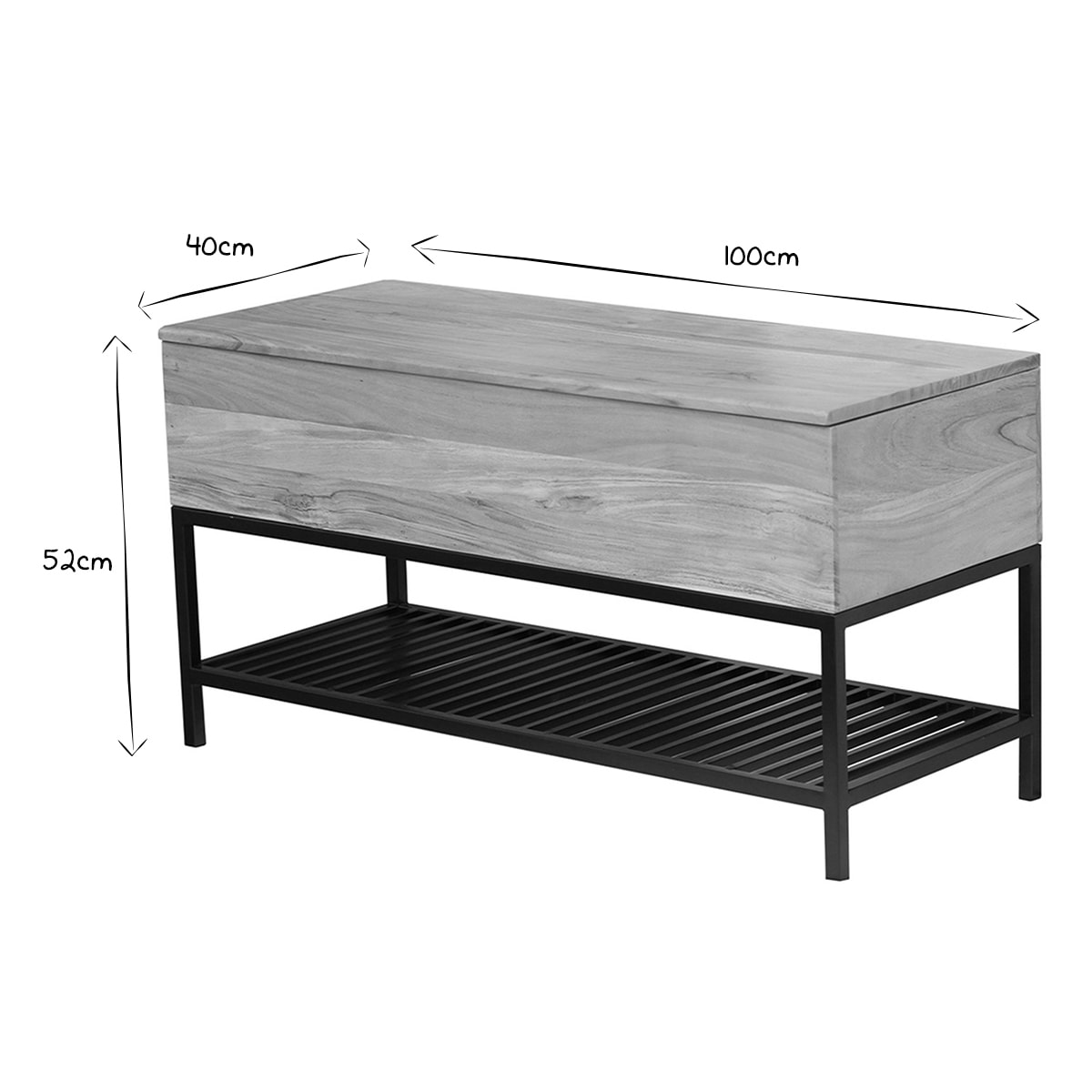 Banc d'entrée industriel avec coffre de rangement en bois massif et métal noir L100 cm SORG