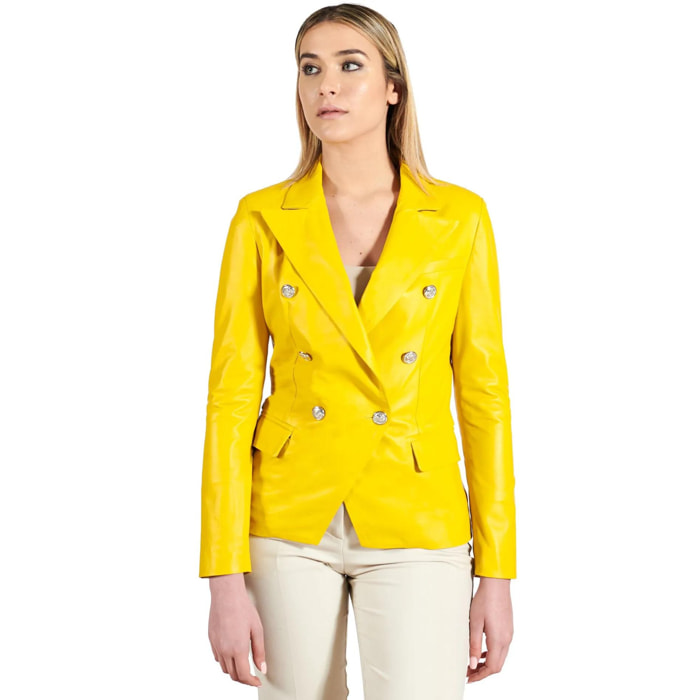 Giacca blazer doppio petto in pelle naturale gialla