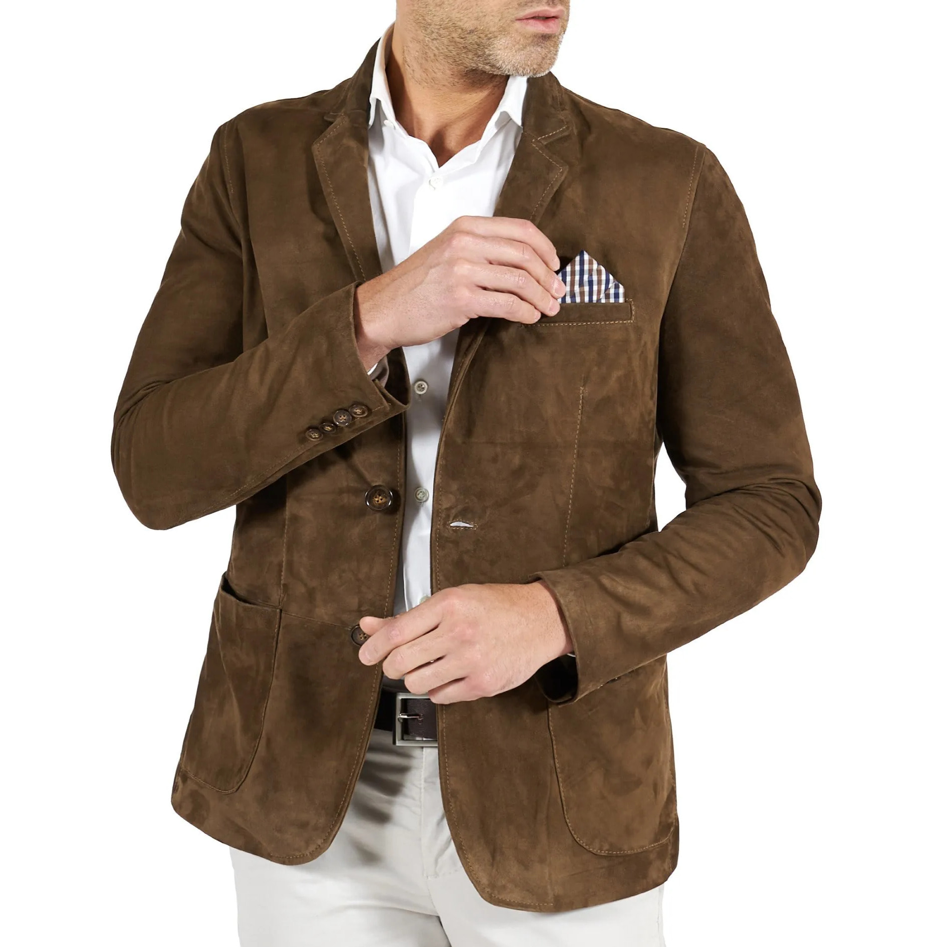 Blazer in pelle scamosciata color fango con taschino e fazzoletto